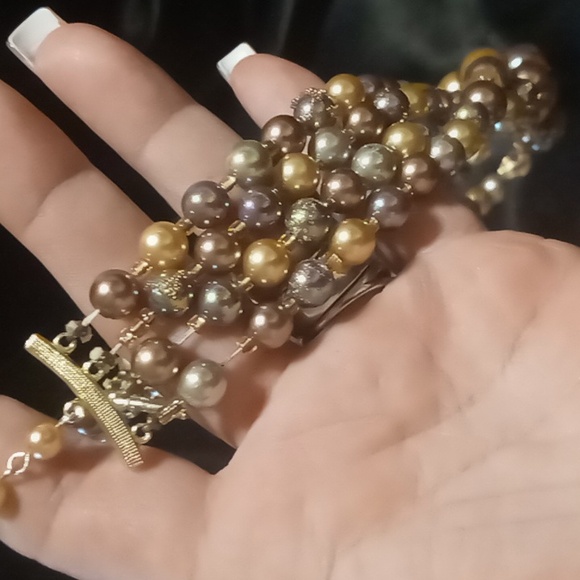 Vintage opalescent faux pearl and crystal cut glass 4 layers necklace - Picture 8 of 11